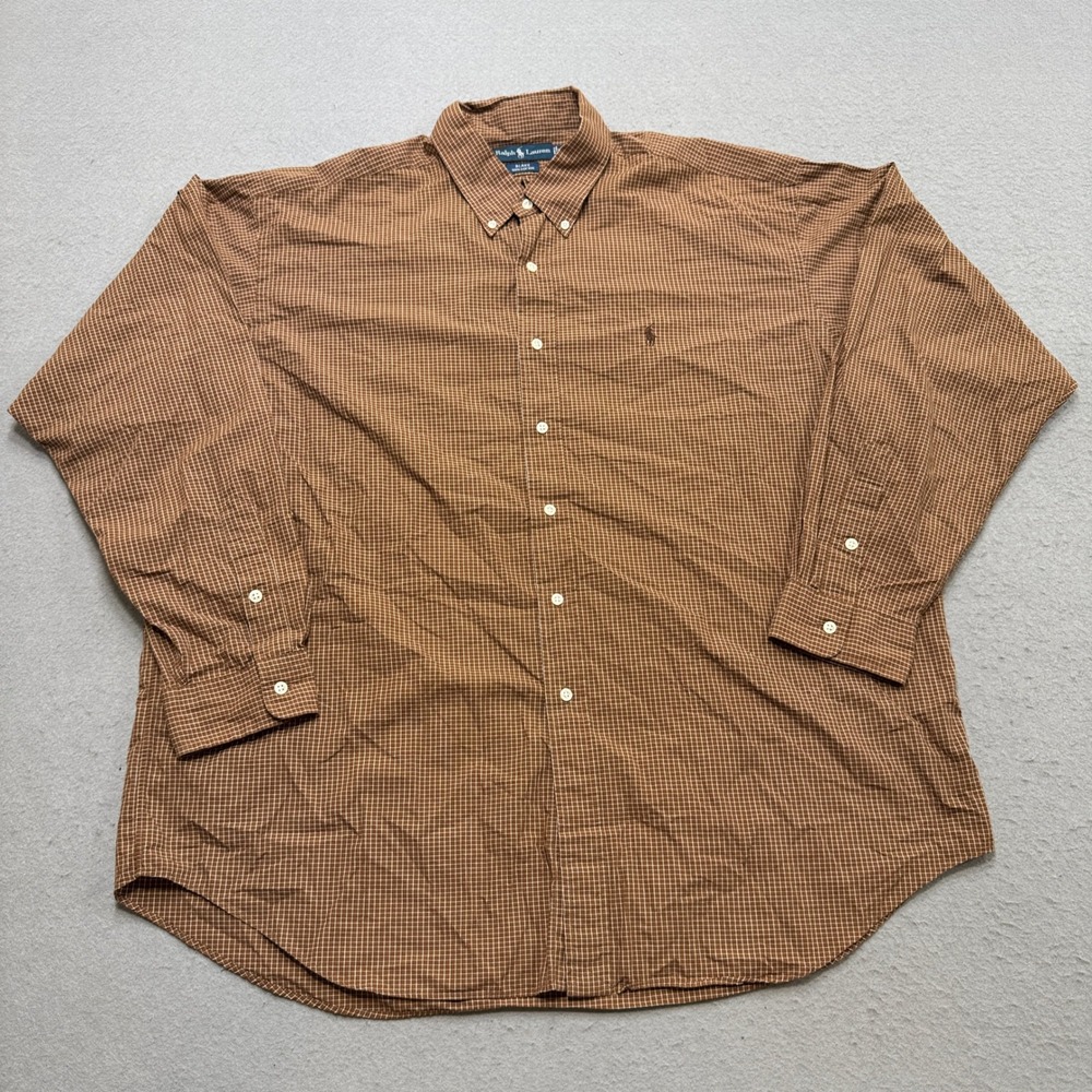 Ralph Lauren Blake Dress Shirt Men's 2XL Brown Checkered Long Sleeve Gingham